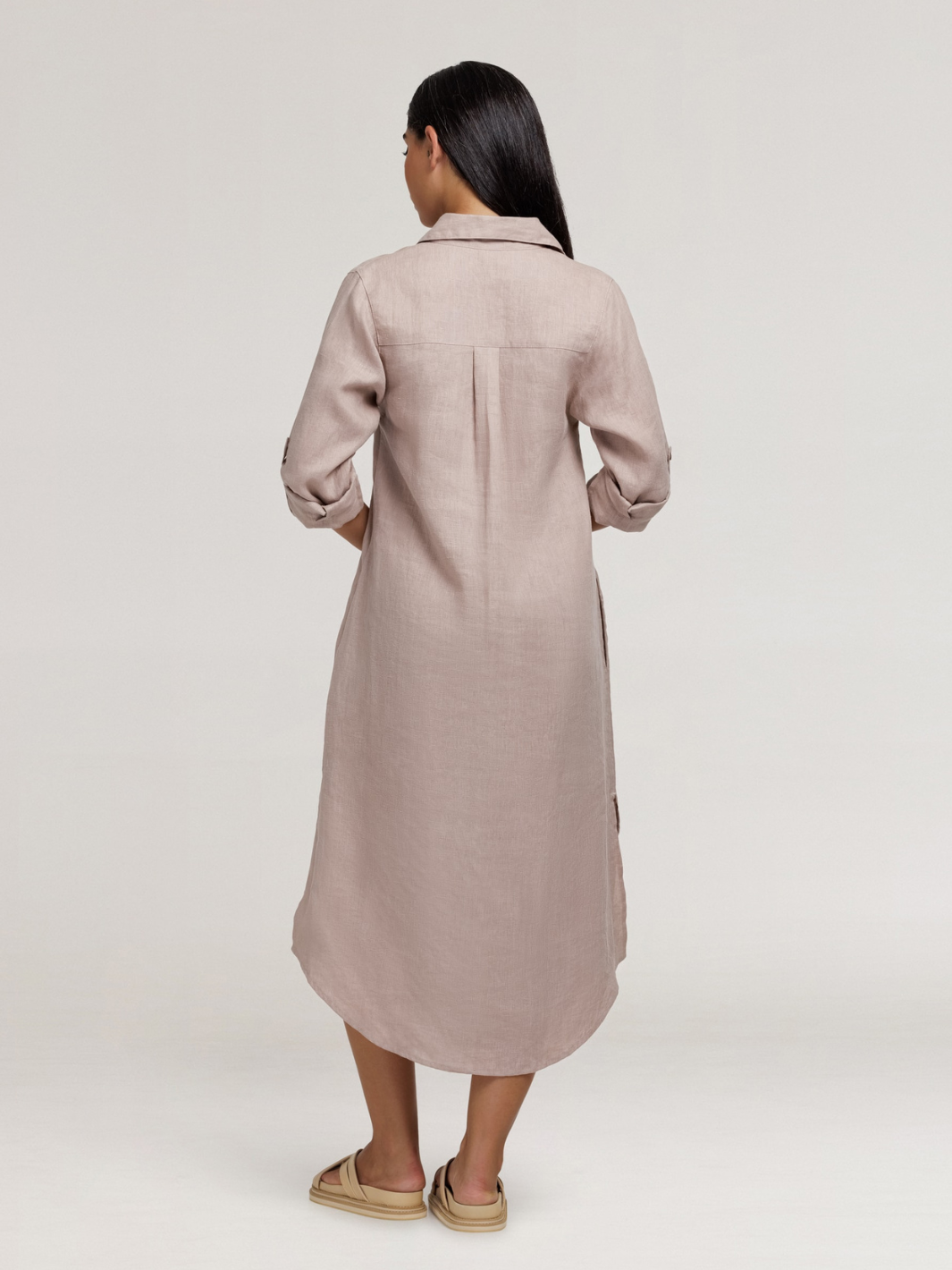 Model wears Paloma Linen Shirt Dress in Tea Rose