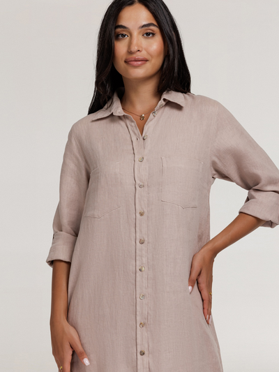 Model wears Paloma Linen Shirt Dress in Tea Rose