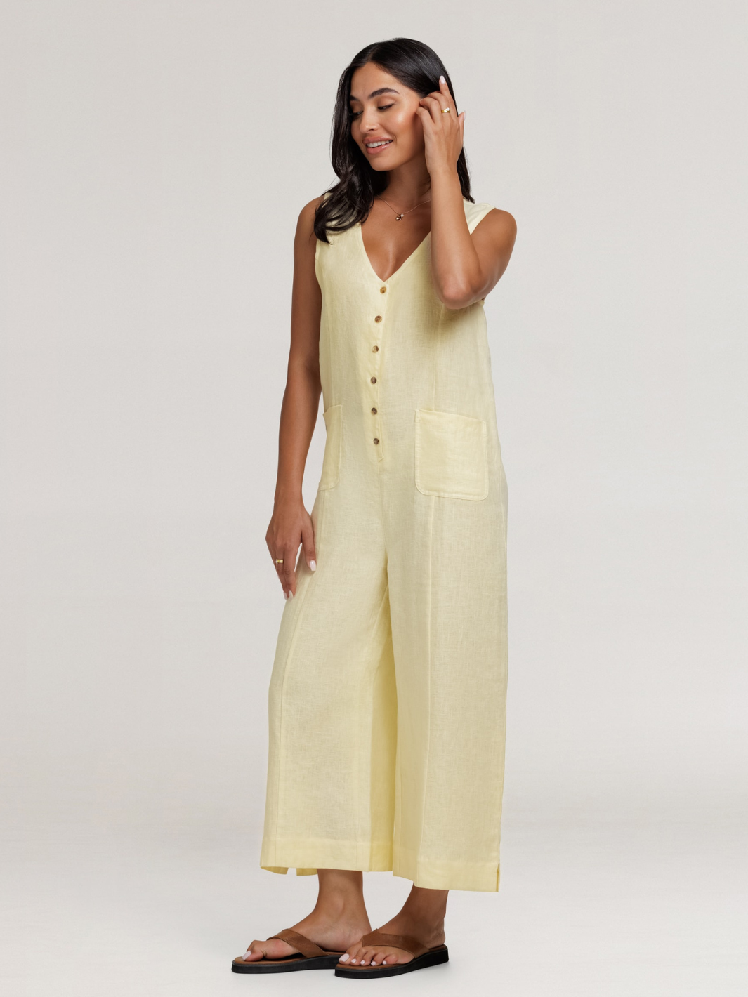 Model wears Florentina Linen Jumpsuit in Lemon