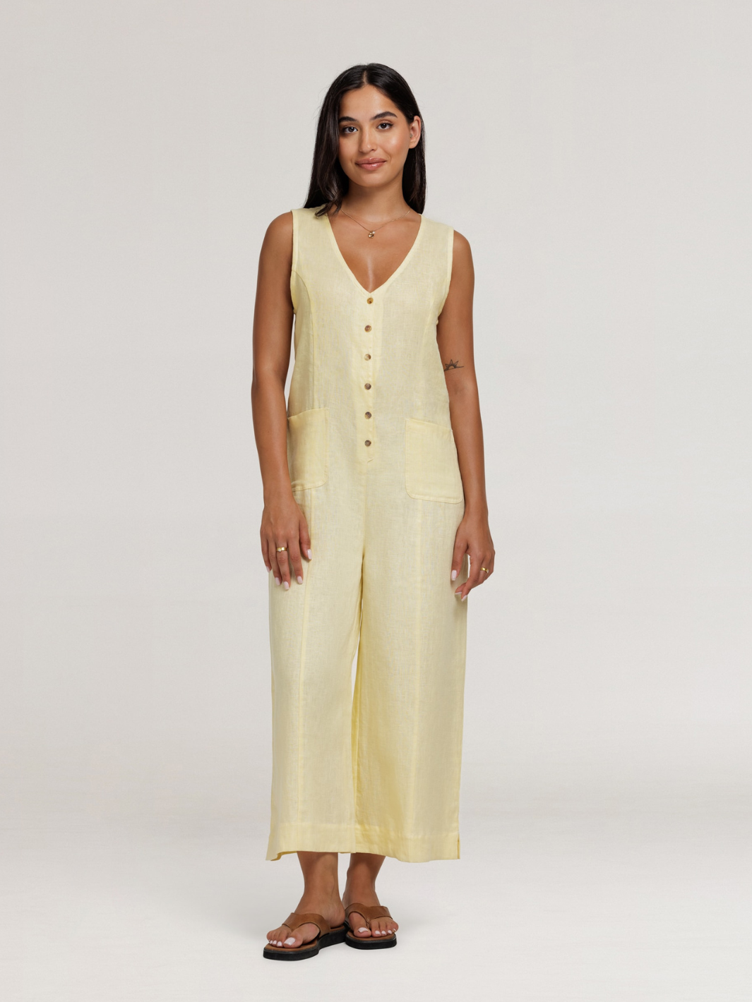 Model wears Florentina Linen Jumpsuit in Lemon