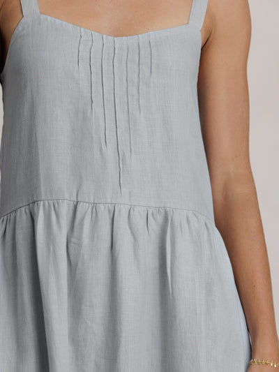 Model wears Maeve Linen Midi Dress in Slate Blue