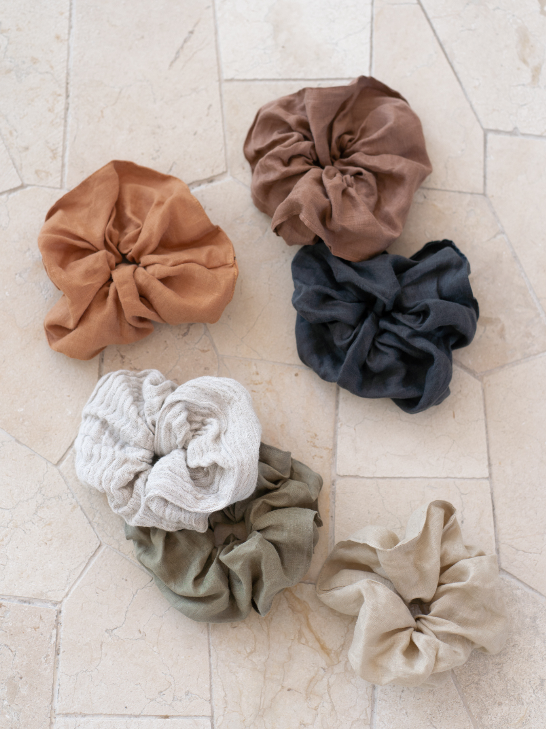 Image features Jumbo Linen Scrunchie in Charcoal, Cinnamon, Moss, Flax, Sand and Linen Blend Scrunchie