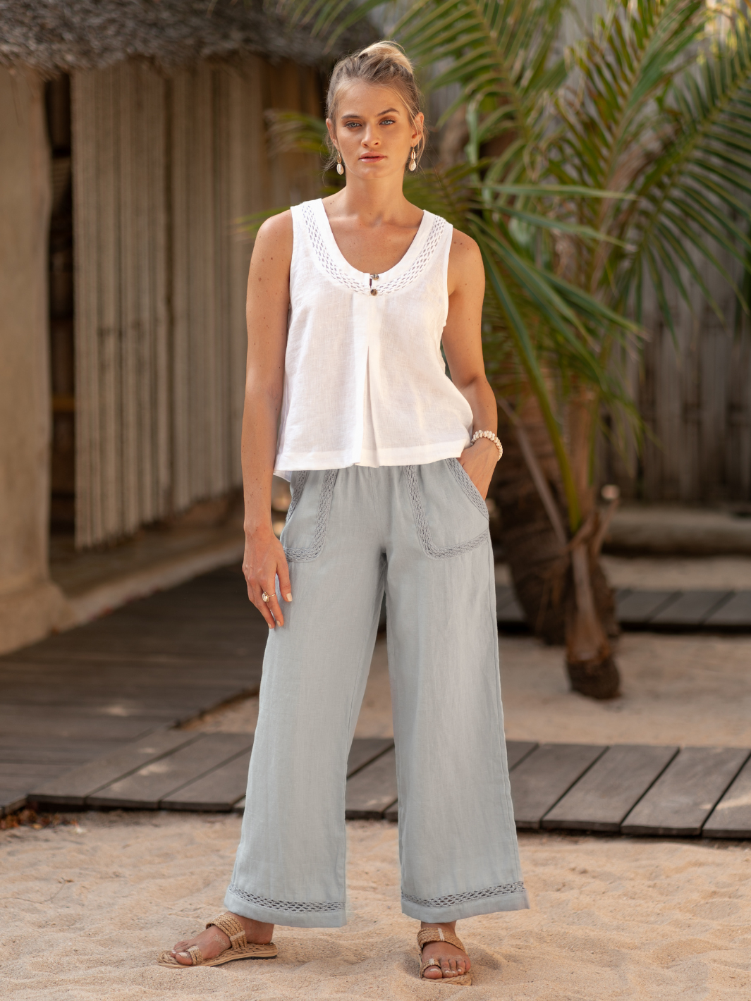 Model wears Suvi Linen Top in White