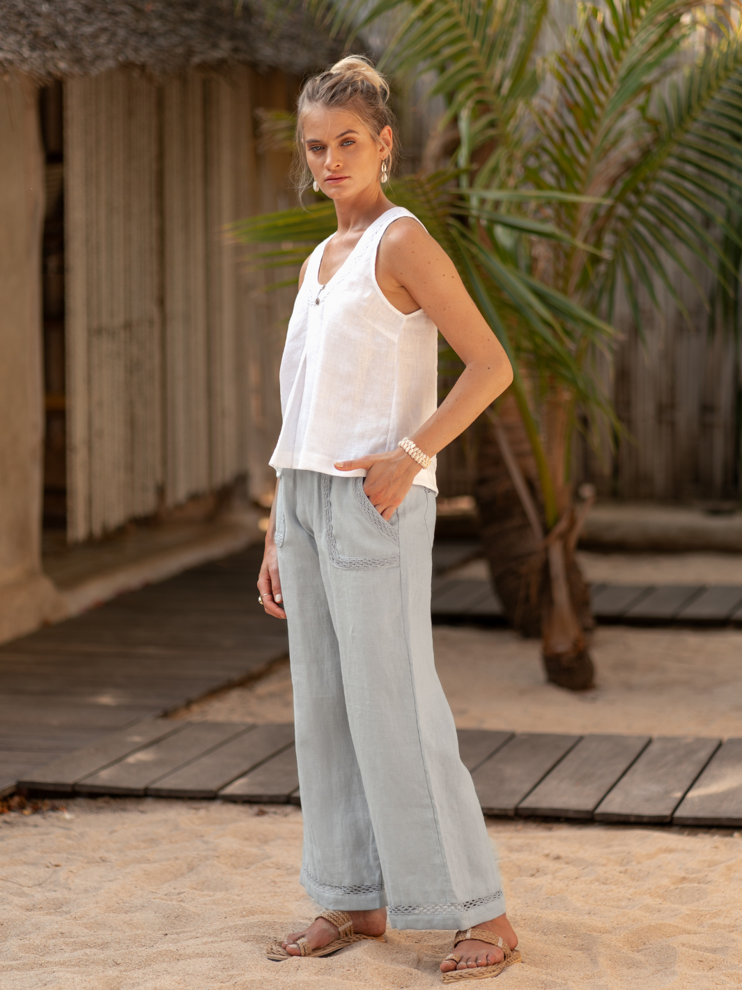 Model wears Suvi Linen Top in White