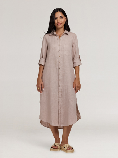 Model wears Paloma Linen Shirt Dress in Tea Rose