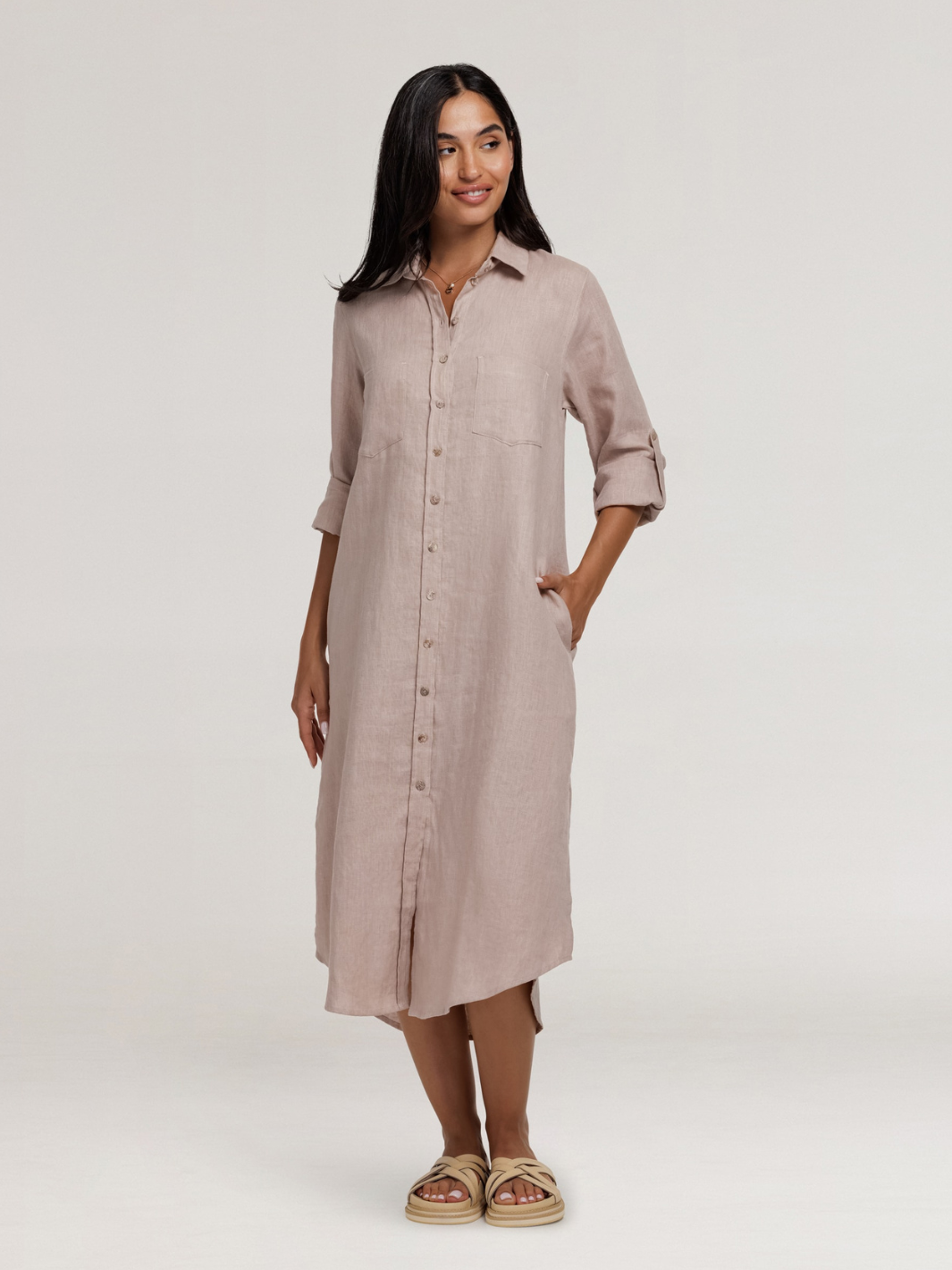 Model wears Paloma Linen Shirt Dress in Tea Rose