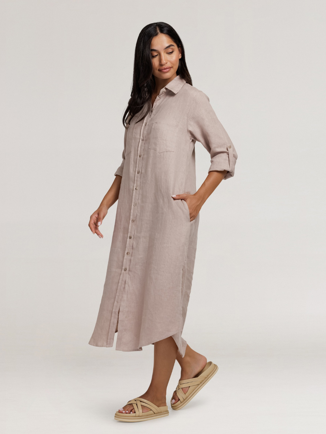 Model wears Paloma Linen Shirt Dress in Tea Rose