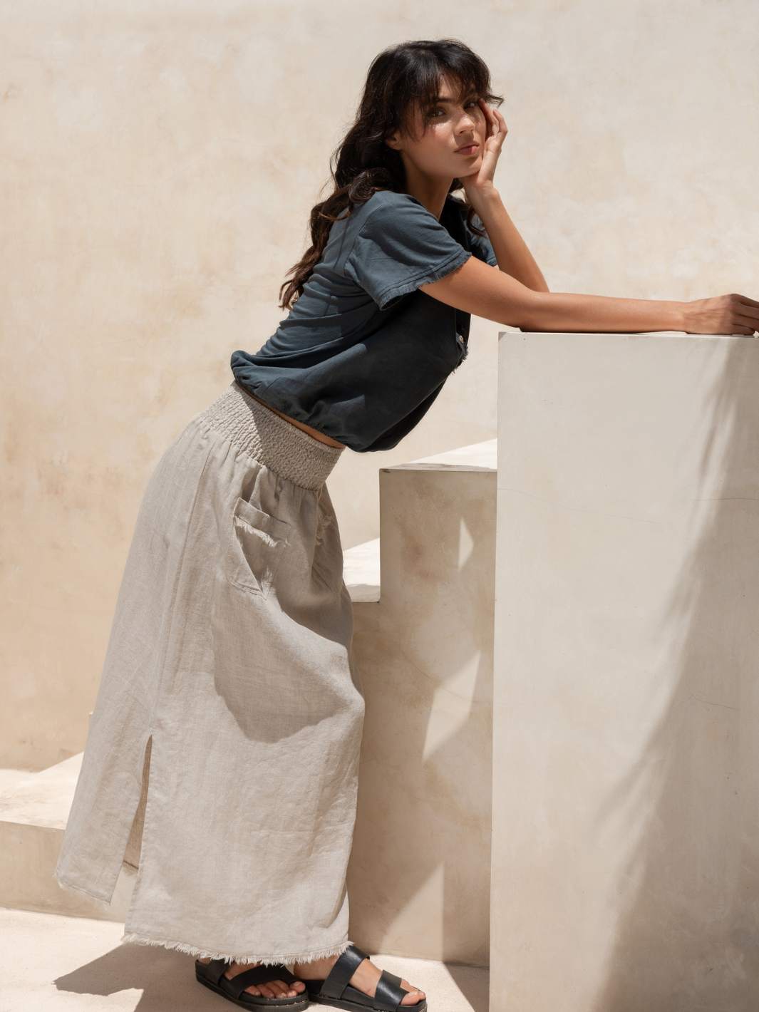 Model wears Aurora French Linen Skirt in Flax