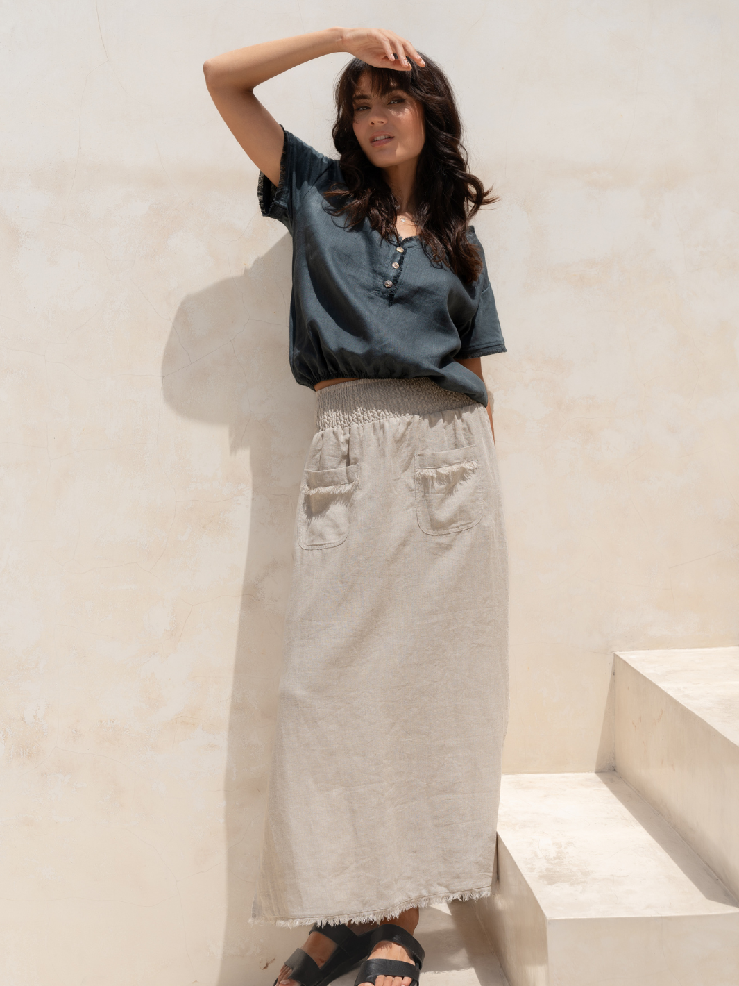 Model wears Aurora French Linen Skirt in Flax