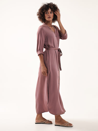 Model wears Carmel Ecovero™ Shirt Dress in Plum