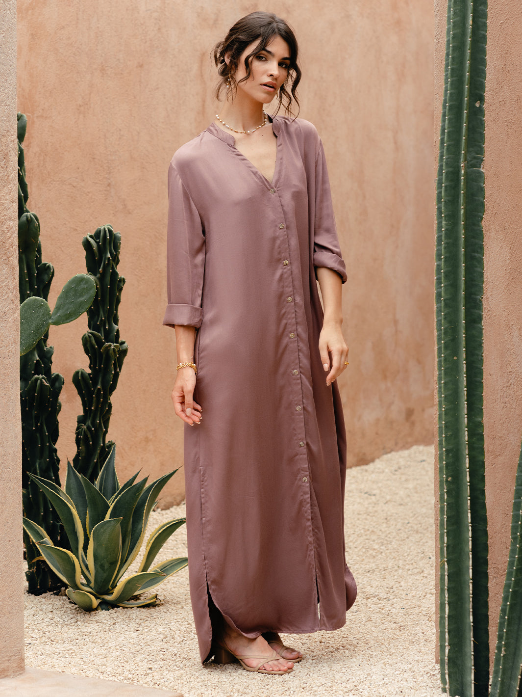 Model wears Carmel Ecovero™ Shirt Dress in Plum