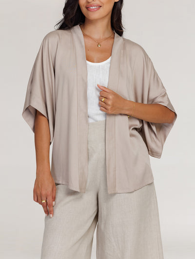 Model wears Lucca Bamboo Kimono in Champagne