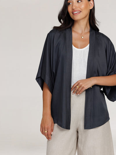 Model wears Lucca Bamboo Kimono in Charcoal