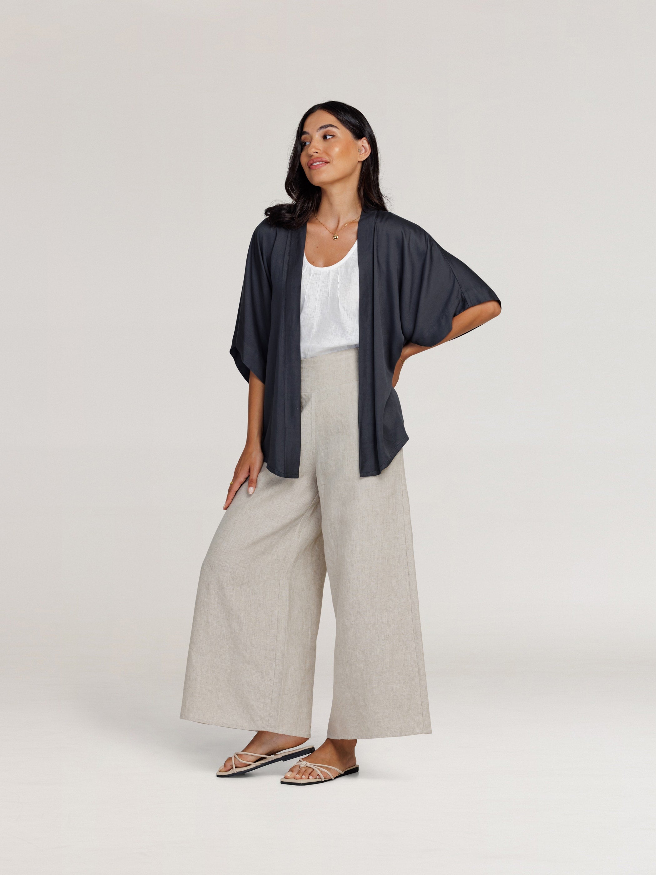 Model wears Lucca Bamboo Kimono in Charcoal