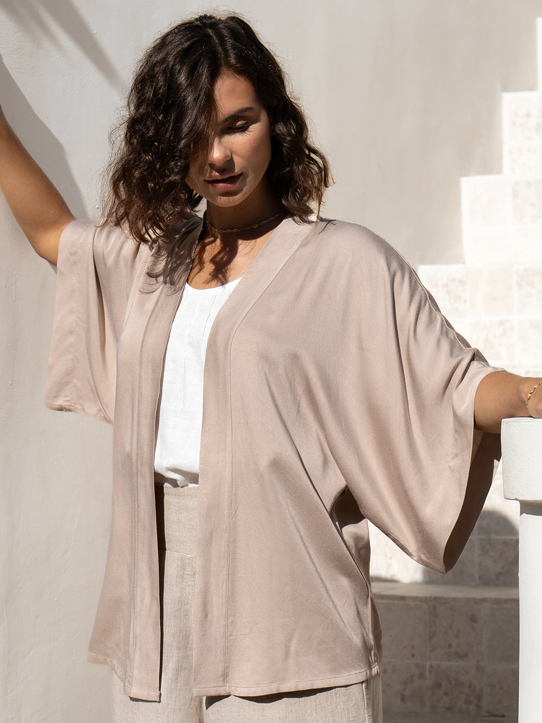 Model wears Lucca Bamboo Kimono in Champagne