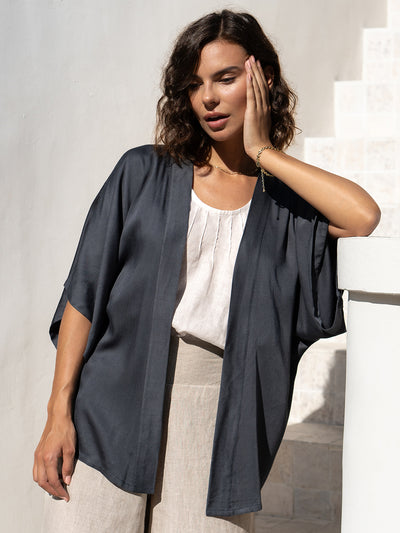 Model wears Lucca Bamboo Kimono in Charcoal