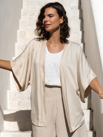 Model wears Lucca Bamboo Kimono in Stone