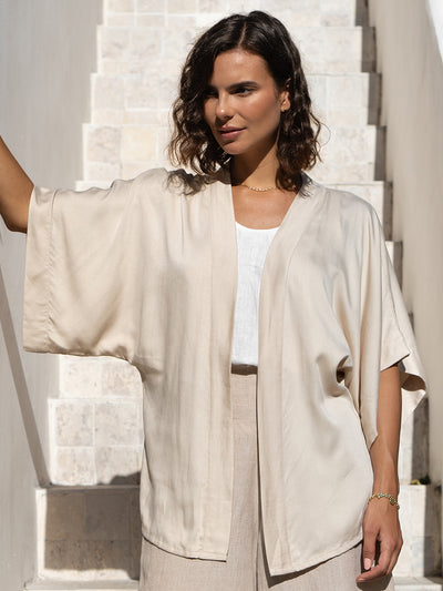 Model wears Lucca Bamboo Kimono in Stone