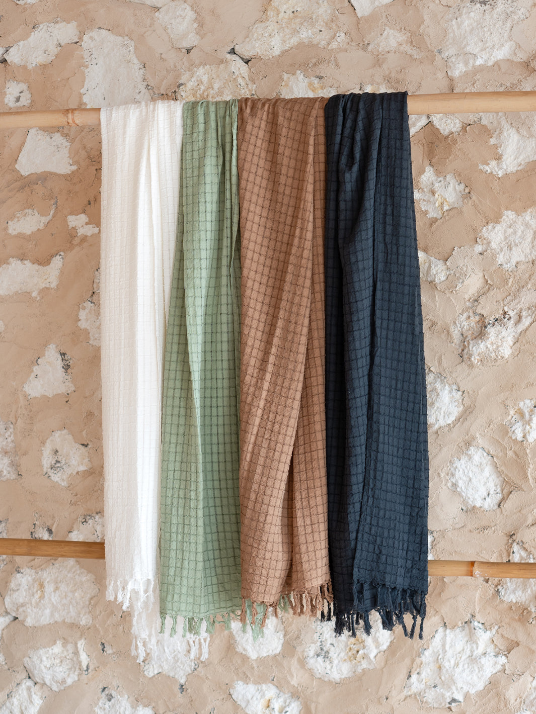 Image features Lugano Cotton Scarf in White, Moss, Desert Sand and Charcoal