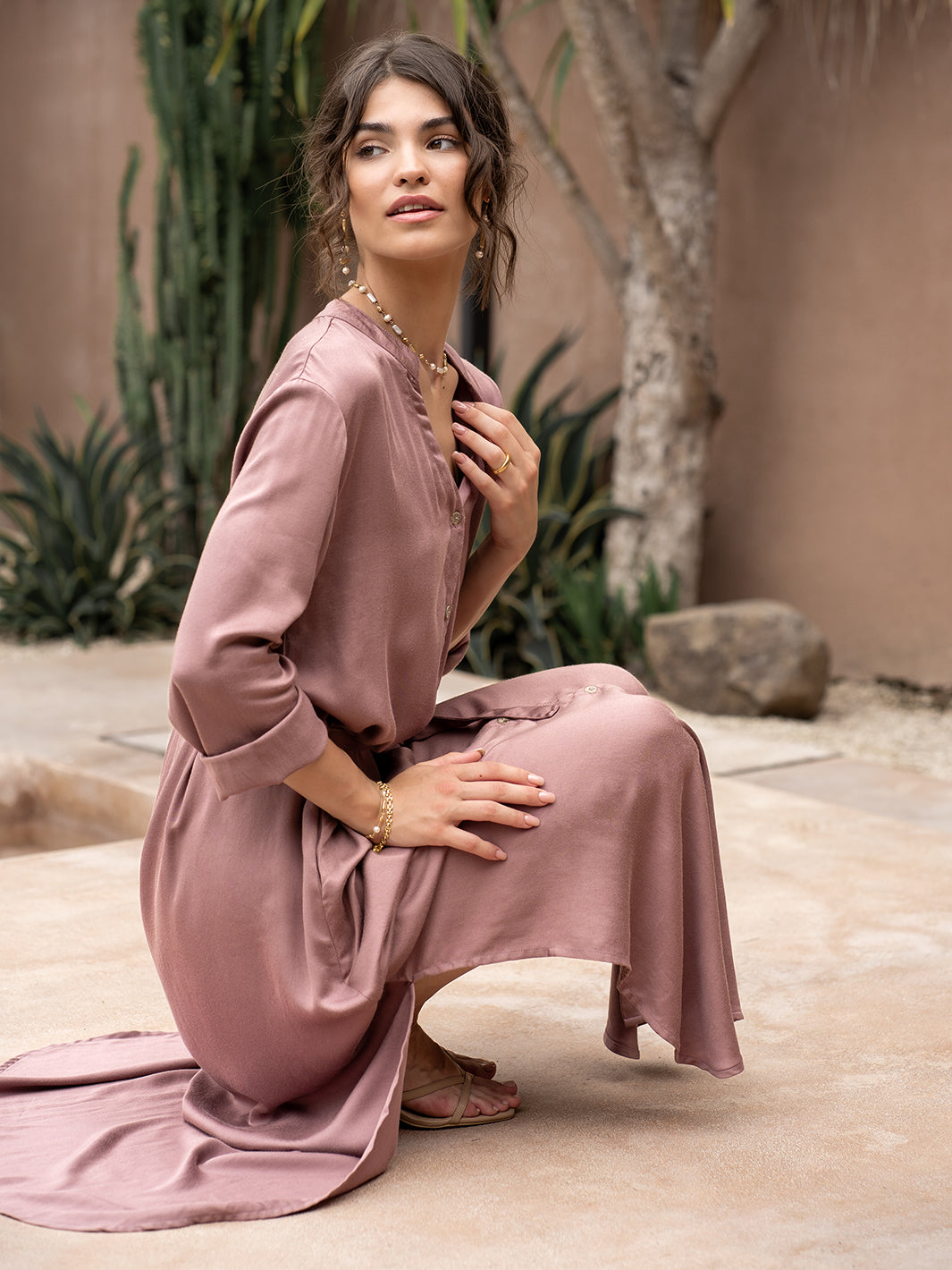 Model wears Carmel Ecovero™ Shirt Dress in Plum