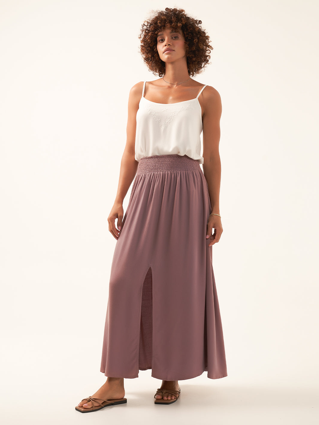 Model wears Samara Ecovero™ Skirt in Plum