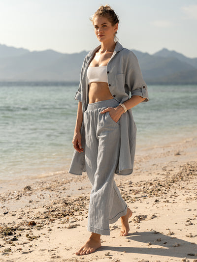 Model wears Sancia Cotton Pants in Slate Blue