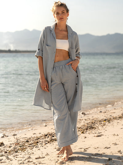 Model wears Sancia Cotton Pants in Slate Blue