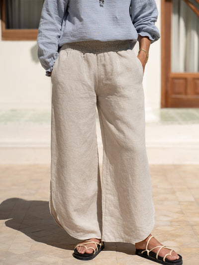 Model wears Sienna Linen Pants in Flax