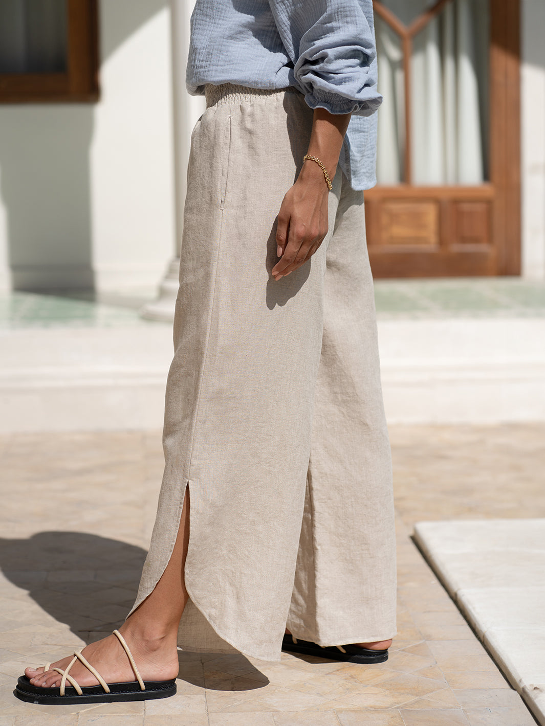 Model wears Sienna Linen Pants in Flax