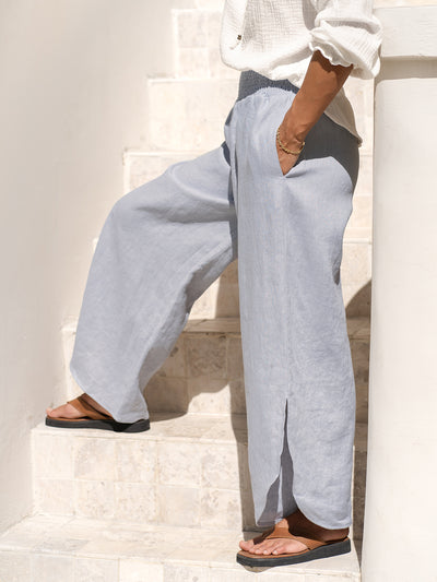 Model wears Sienna Linen Pants in Slate Blue