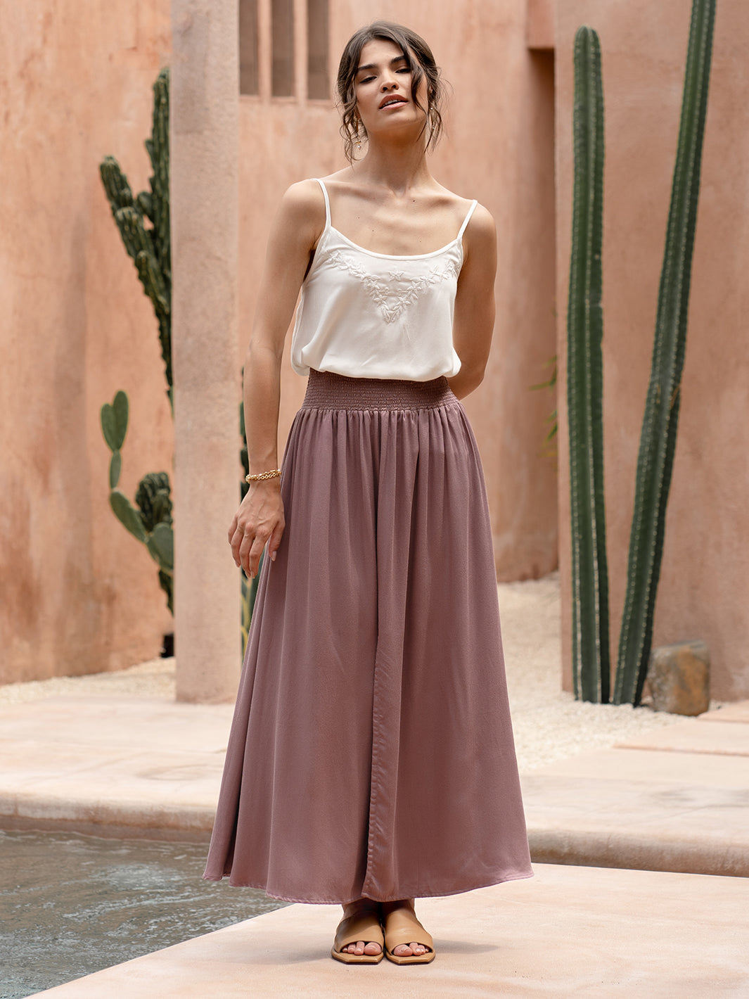 Model wears Samara Ecovero™ Skirt in Plum