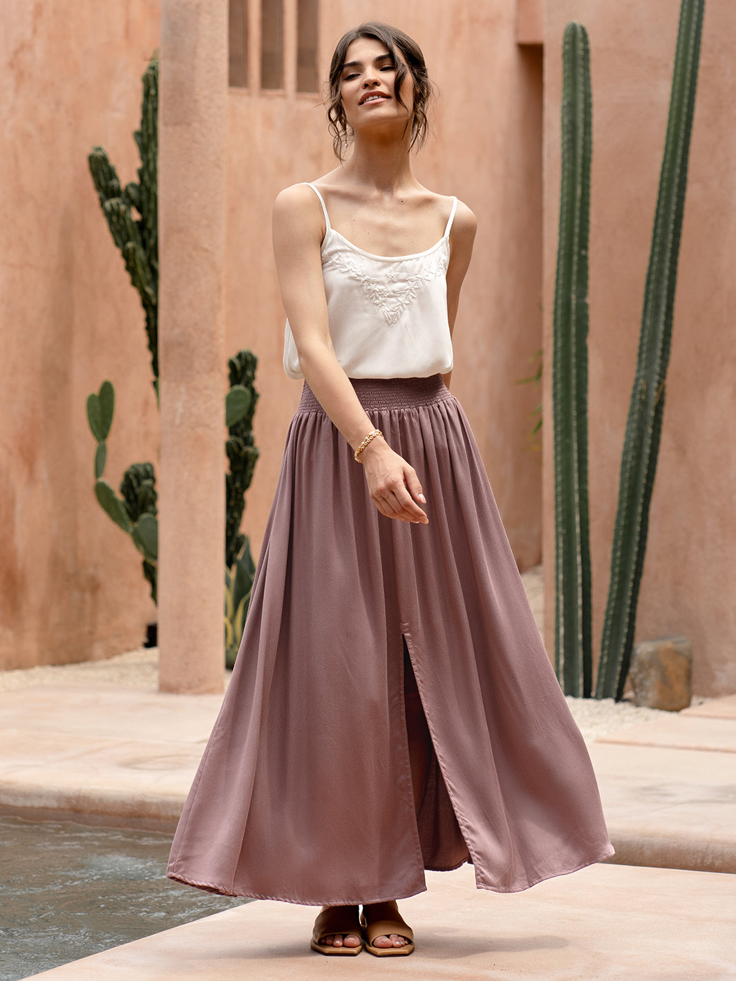 Model wears Samara Ecovero™ Skirt in Plum