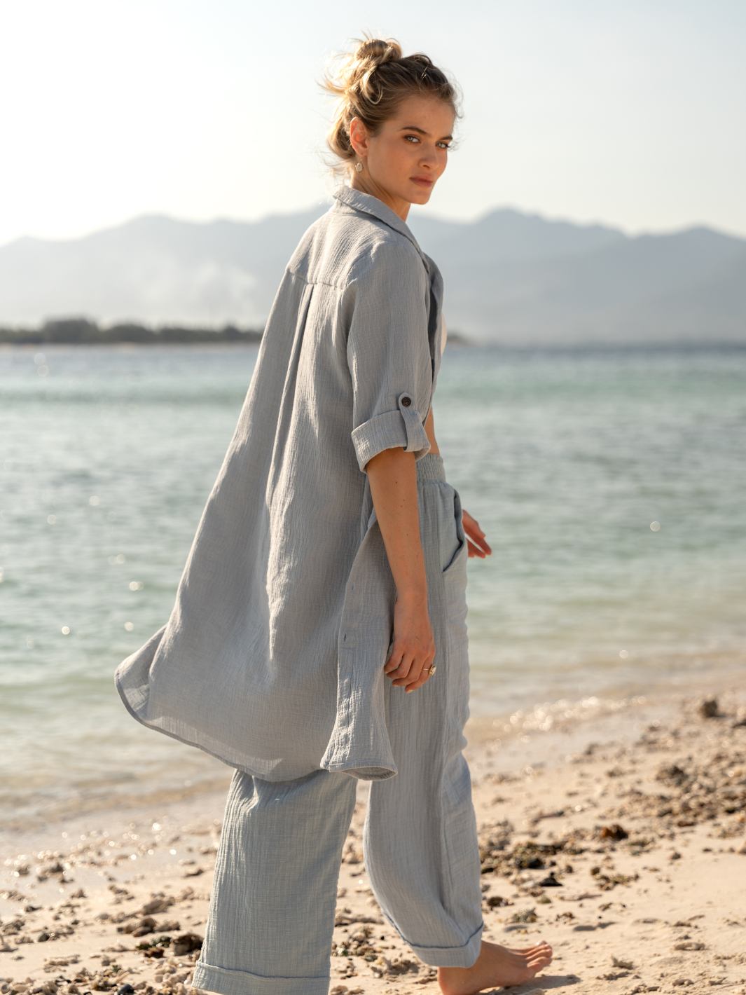 Model wears Harley Cotton Shirt Dress Slate Blue