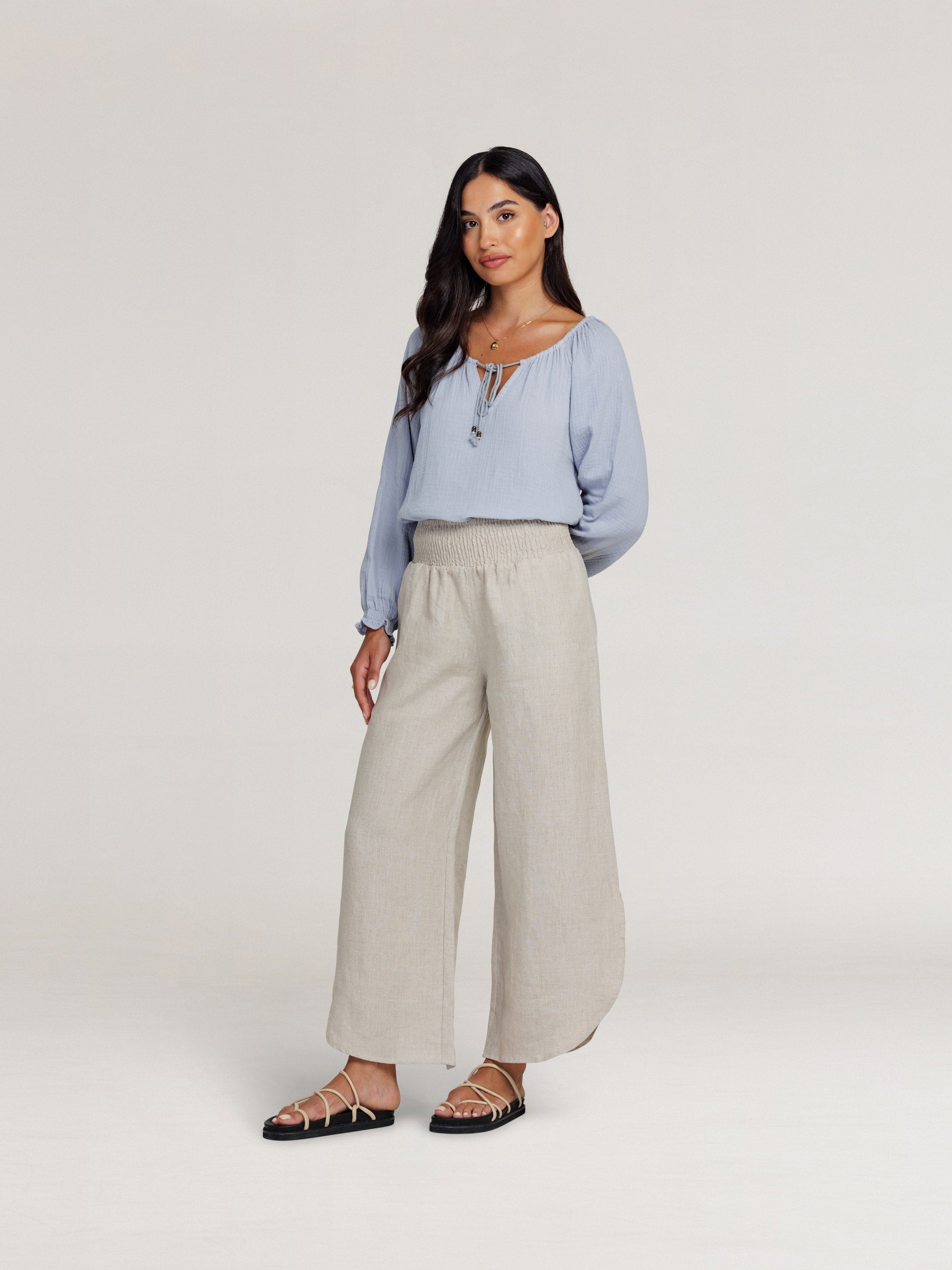 Model wears Sienna Linen Pants in Flax